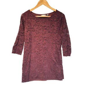 Liz Claiborne Women’s Blouse M Burgundy Lace 3/4 Sleeve Tunic Top Cottage